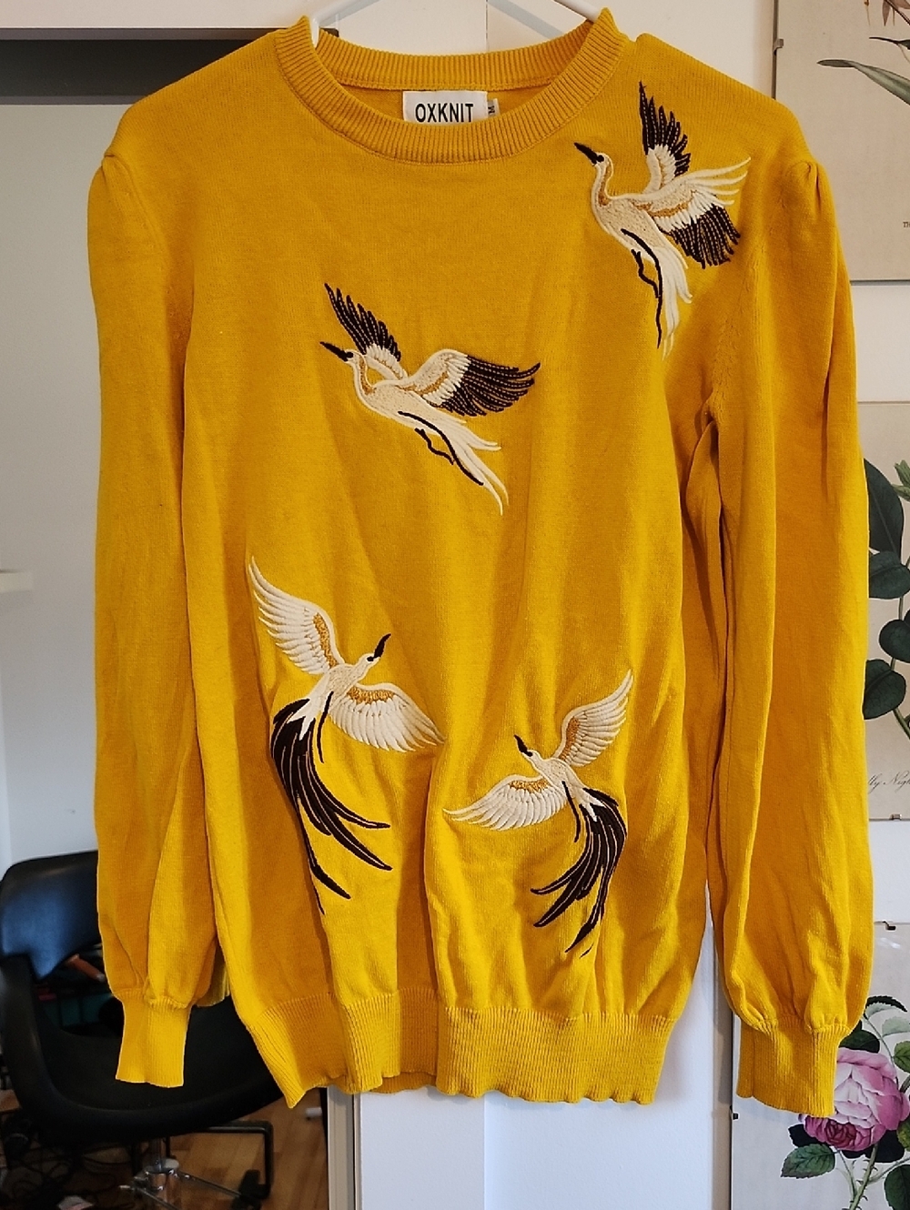 OXKNIT Mustard Yellow Embroidered Crane Crewneck Sweater Size M